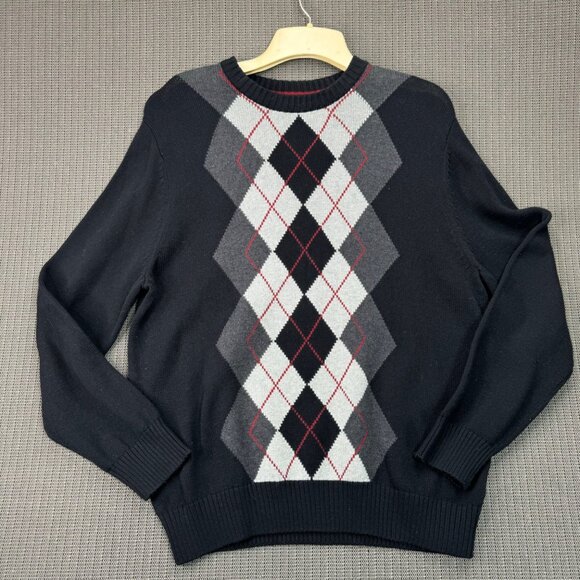 David Taylor mens Argyle Sweater L/G pull over crew neck Black/Grey/Red pattern - Picture 1 of 9